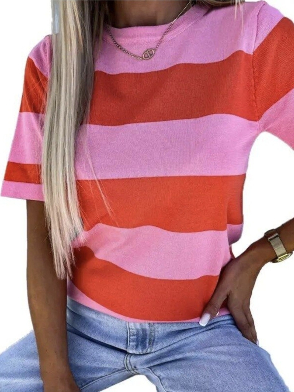NWT Asvivid Women's Short Sleeve Small Sweater Top Shirt Pink Red Color Block